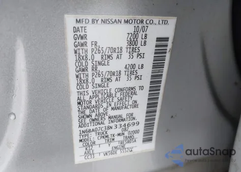2008 Nissan Titan Se z USA, uszkodzony, nr VIN 1N6BA07C38N334699